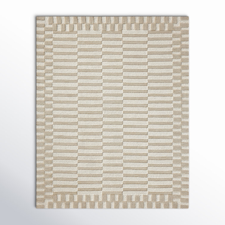 Ivory and Beige Handmade Wool Striped Rectangular Rug 7'-9" x 9'-9"
