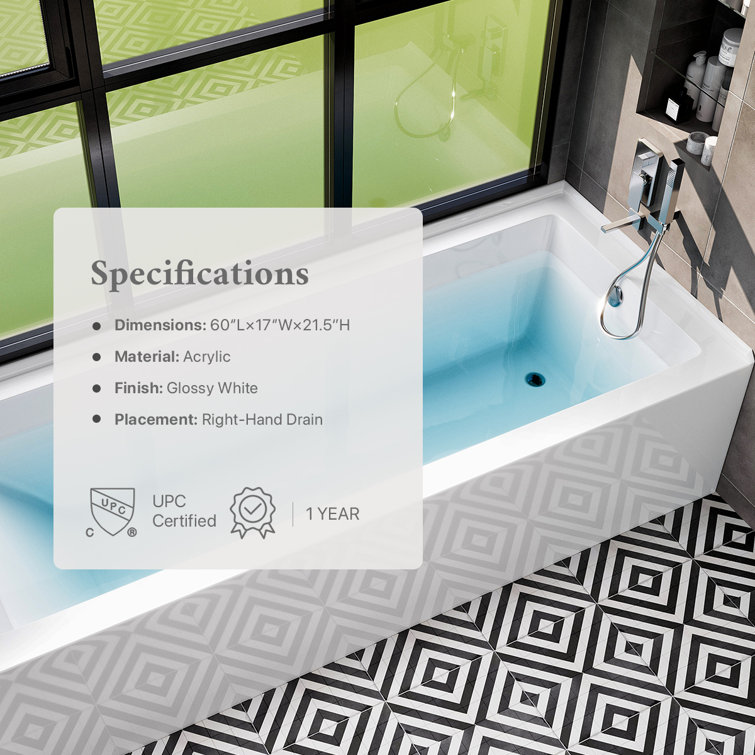 Nova 60'' White Acrylic Alcove Soaking Bathtub