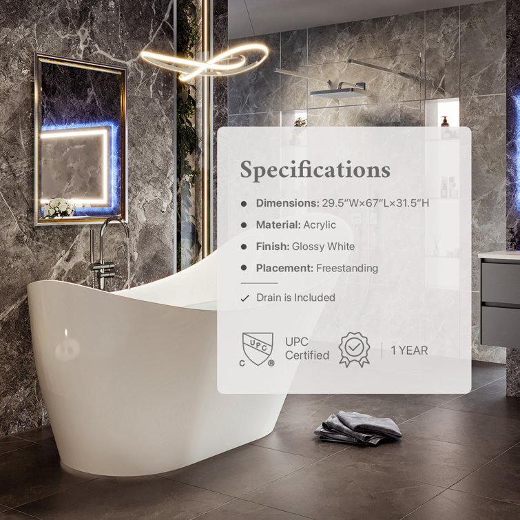 Lisa 67'' White Freestanding Acrylic Soaking Bathtub