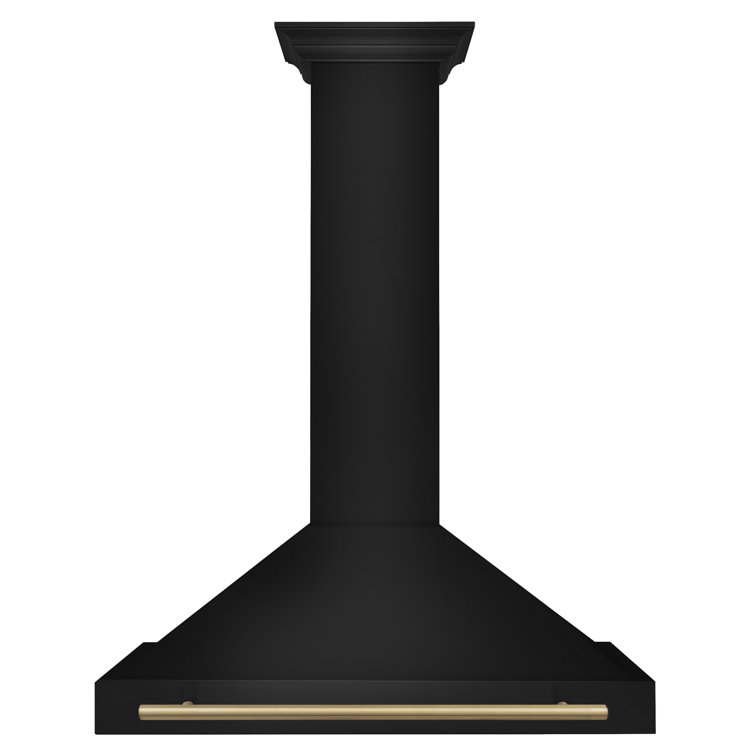 36'' Black Stainless Steel Wall Mount Range Hood with Champagne Bronze Handle