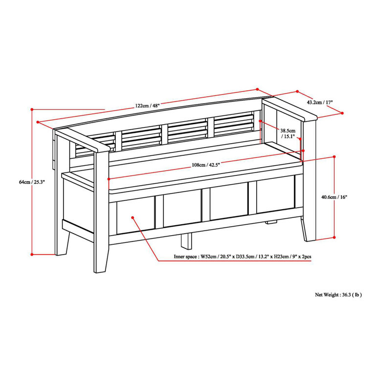 Black Solid Pine 48" Entryway Storage Bench with Backrest