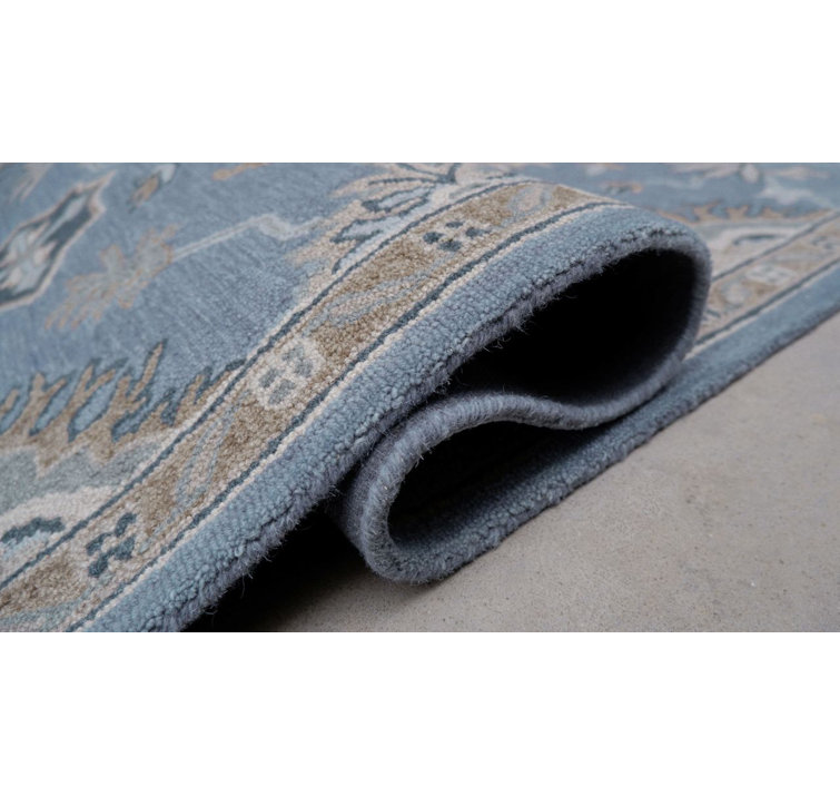 Handmade Blue Wool Floral Runner Rug with Cotton Backing