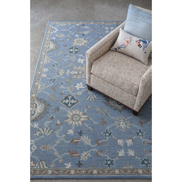 Hand-Tufted Blue Floral Wool Runner Rug with Cotton Backing