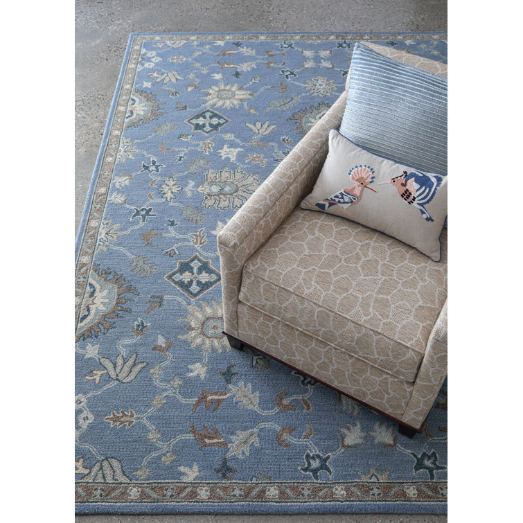 Hand-Tufted Blue Floral Wool Runner Rug with Cotton Backing
