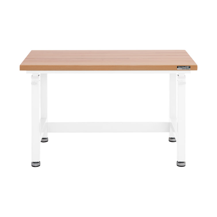 White Adjustable Height Heavy-Duty Wood Top Workbench