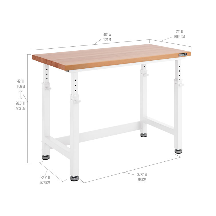 White Adjustable Height Heavy-Duty Wood Top Workbench