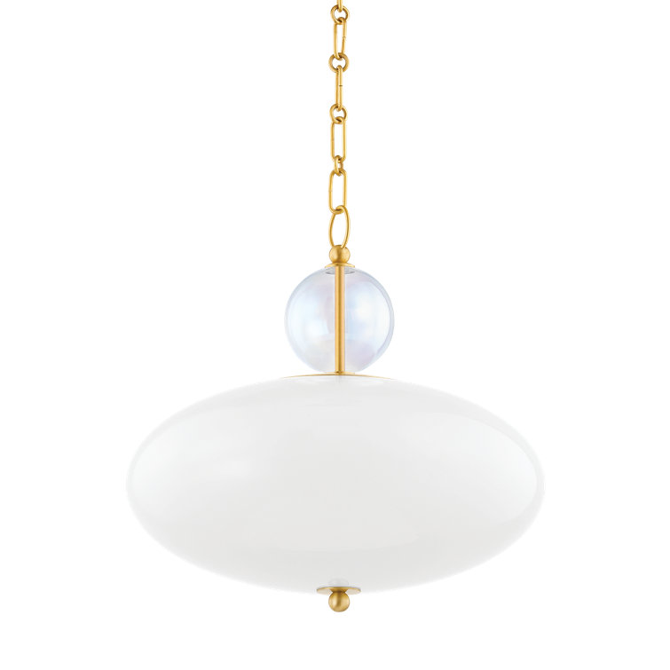 Aged Brass and White Glass Pendant Light with Opalescent Globe
