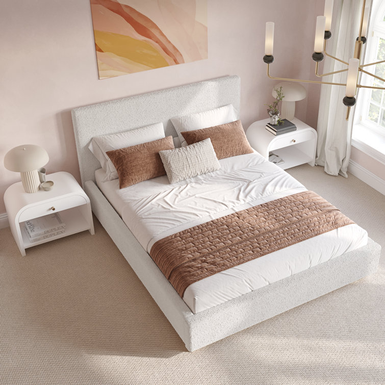 Cream Boucle Upholstered Queen Platform Bed with Wood Frame