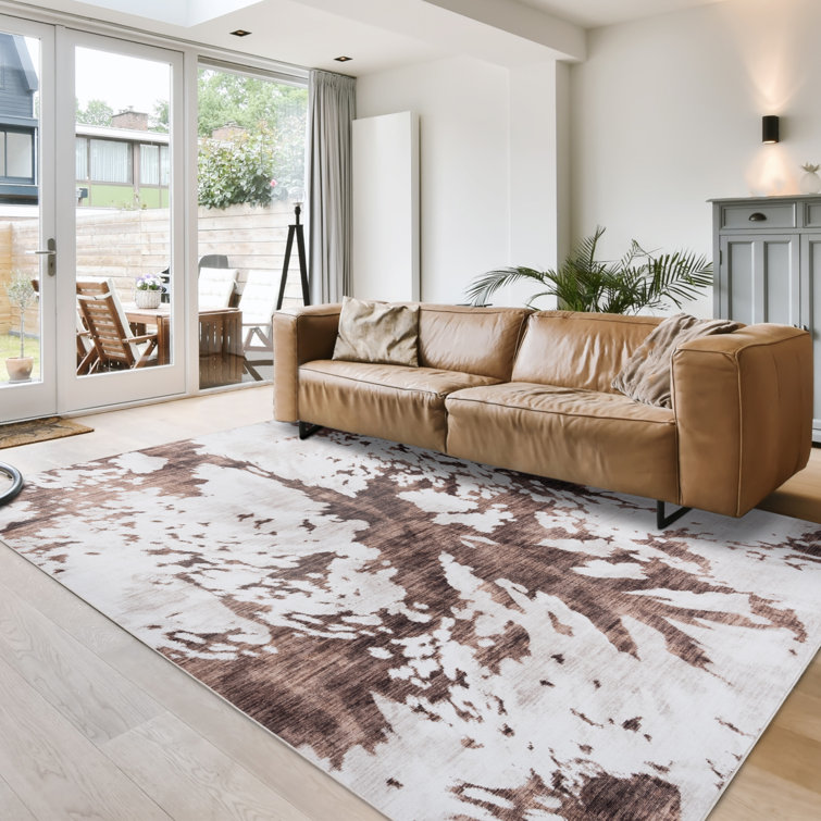 Large Brown and White Synthetic Rectangular Area Rug