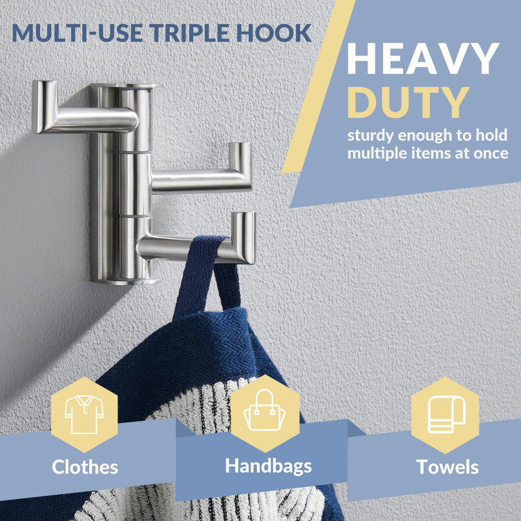 Brushed Nickel 3-Arm Swivel Stainless Steel Wall Hook