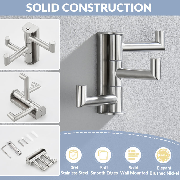 Brushed Nickel 3-Arm Swivel Stainless Steel Wall Hook