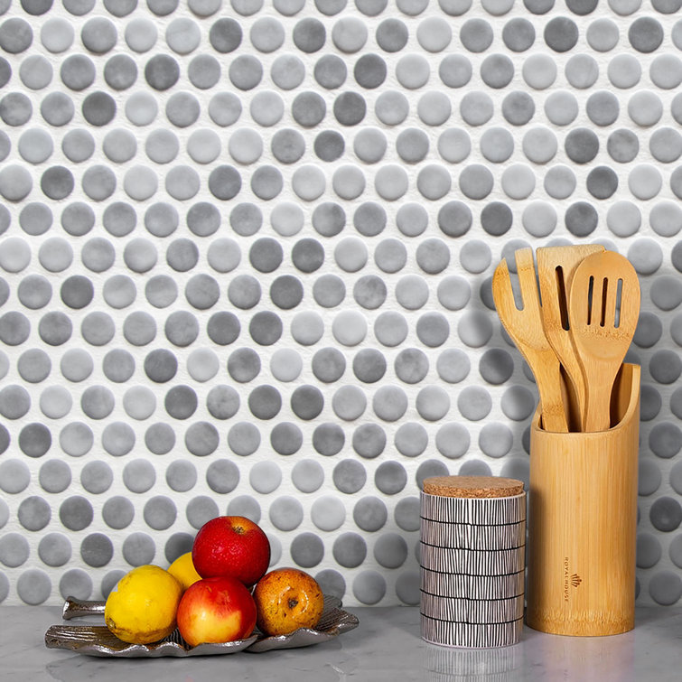 Gray Penny Round Recycled Glass Mosaic Tile 11" x 10"