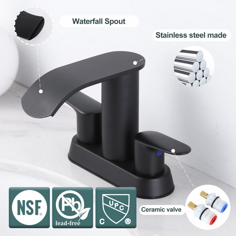 Matte Black Double Handle Waterfall Bathroom Faucet with Pop-up Drain Kit
