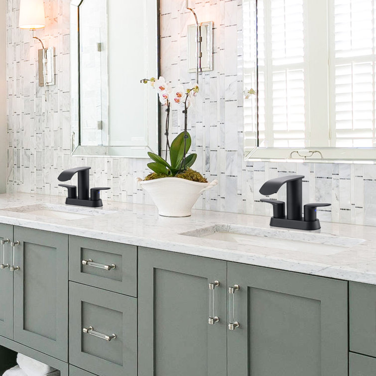 Matte Black Double Handle Waterfall Bathroom Faucet with Pop-up Drain Kit