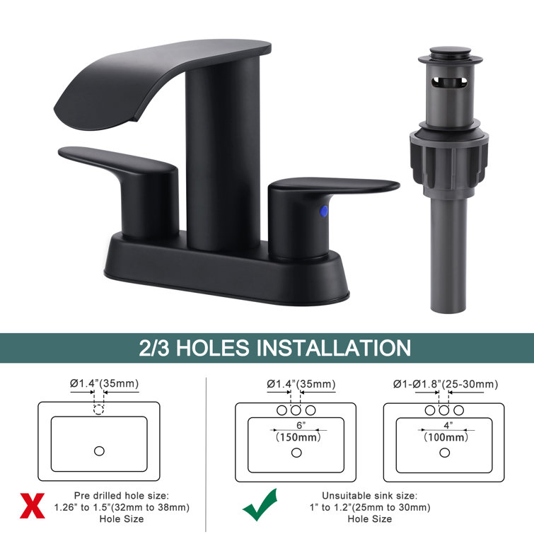 Matte Black Double Handle Waterfall Bathroom Faucet with Pop-up Drain Kit