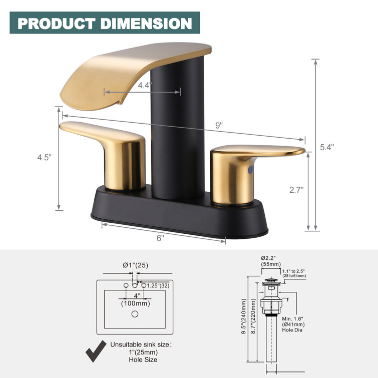 Gold and Matte Black Stainless Steel Double Handle Waterfall Bathroom Faucet