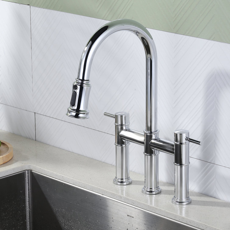 Chrome High-Arc Double Handle Kitchen Faucet with Pull-Out Spray