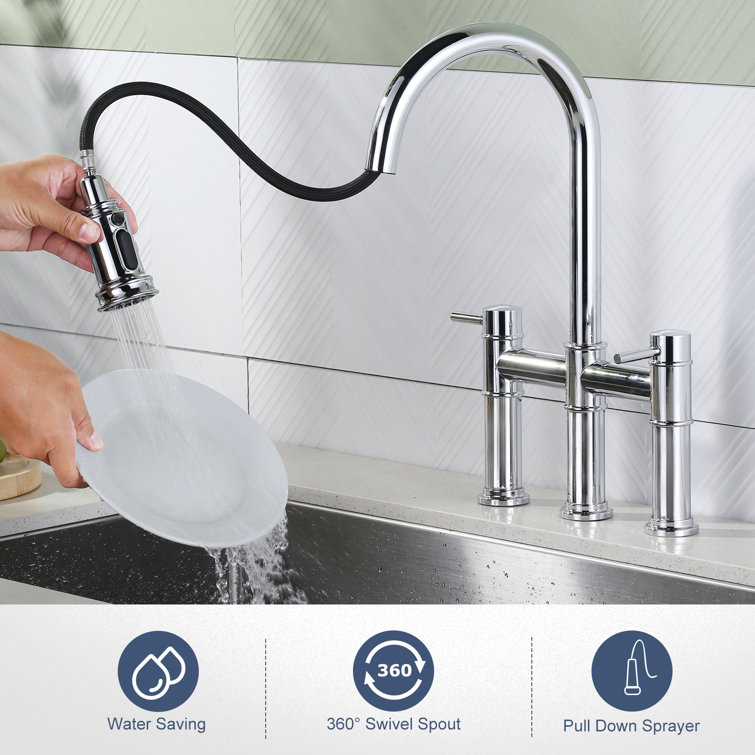 Chrome High-Arc Double Handle Kitchen Faucet with Pull-Out Spray