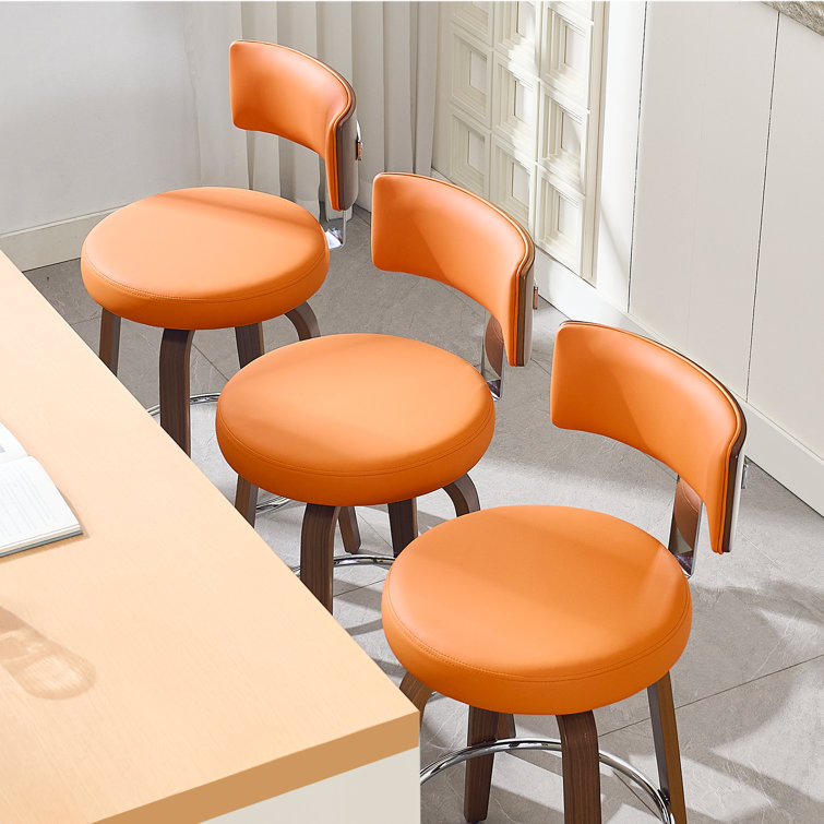 Orange Swivel Upholstered Bar Stools with Wood Legs, Set of 3