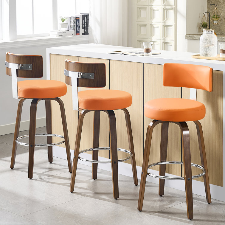 Orange Swivel Upholstered Bar Stools with Wood Legs, Set of 3