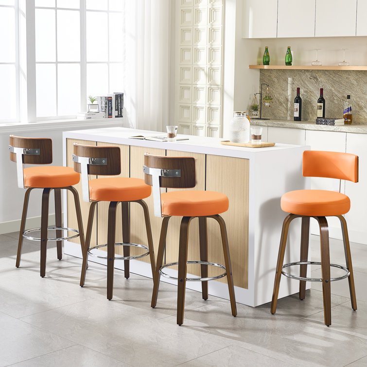 Orange Swivel Upholstered Bar Stools with Wood Legs, Set of 3