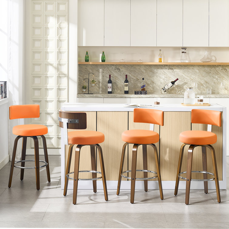 Orange Swivel Upholstered Bar Stools with Wood Legs, Set of 3