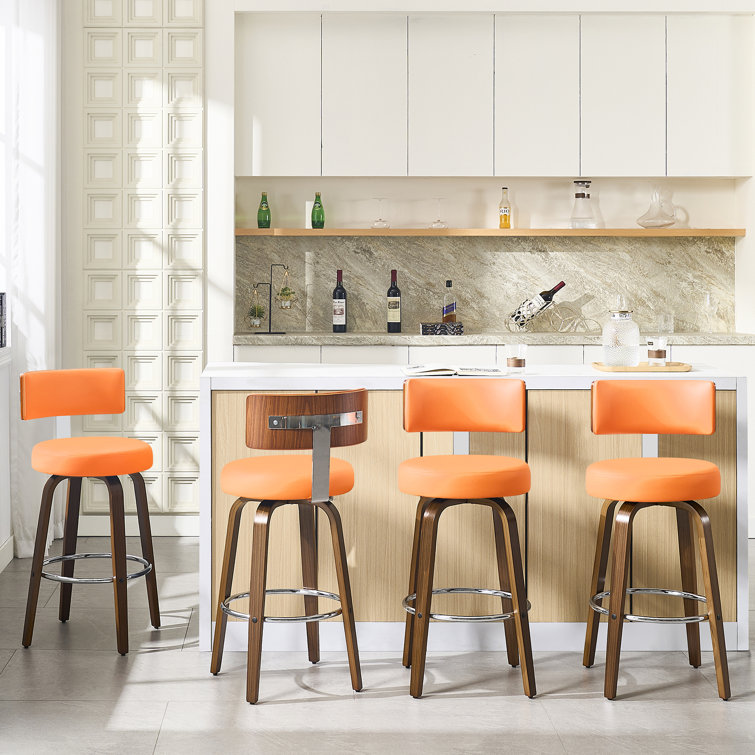 Orange Swivel Upholstered Bar Stools with Wood Legs, Set of 3