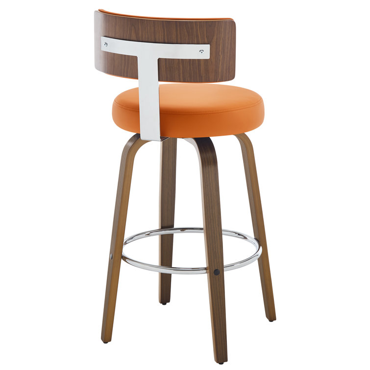 Orange Swivel Upholstered Bar Stools with Wood Legs, Set of 3