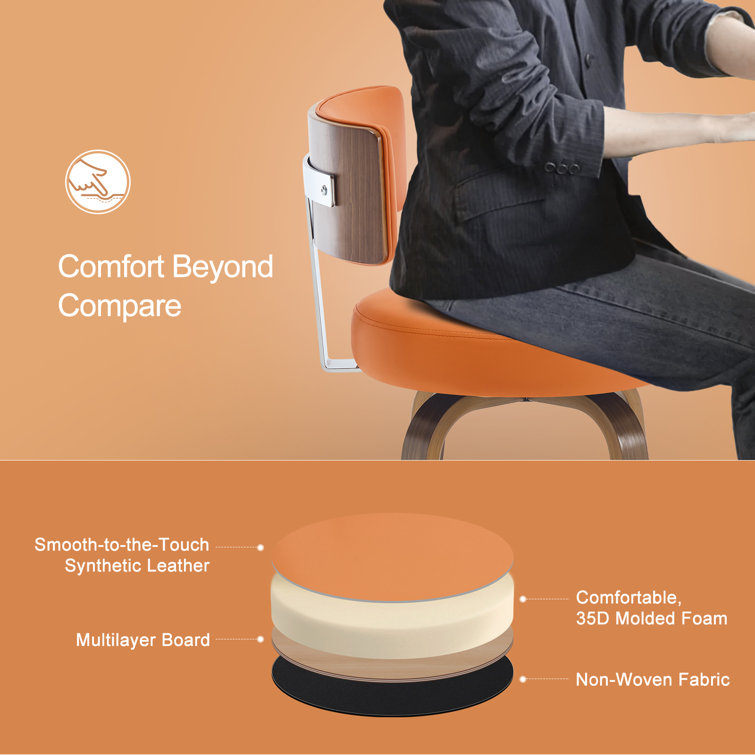 Orange Swivel Upholstered Bar Stools with Wood Legs, Set of 3