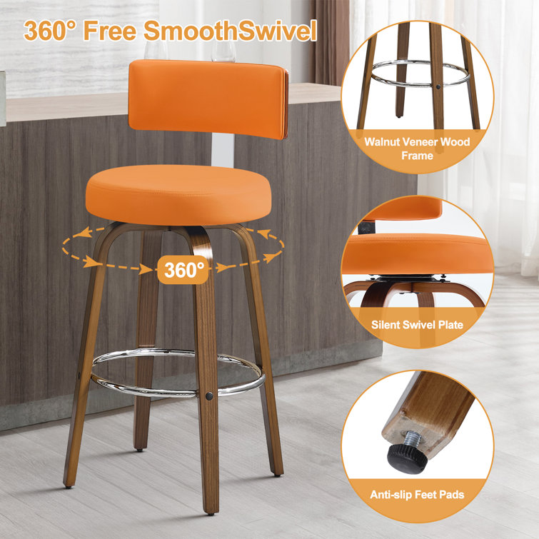 Orange Swivel Upholstered Bar Stools with Wood Legs, Set of 3