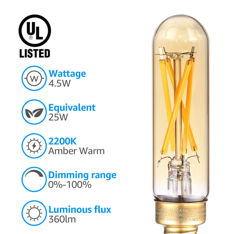 Amber Glass Dimmable LED Edison Bulbs, 4.5W, E12 Base