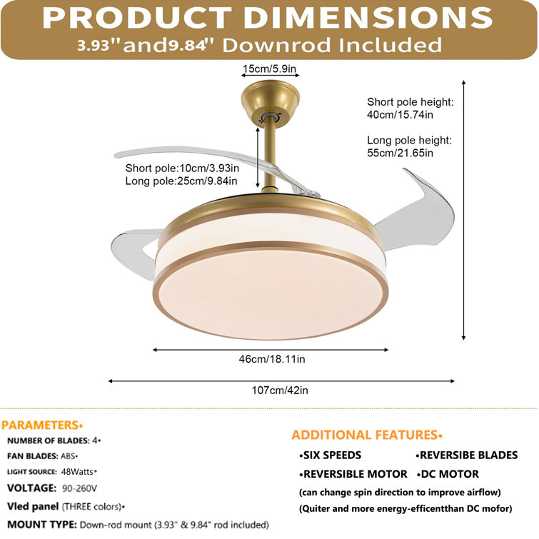 Gold 42'' Retractable Blade Ceiling Fan with LED Light and Remote