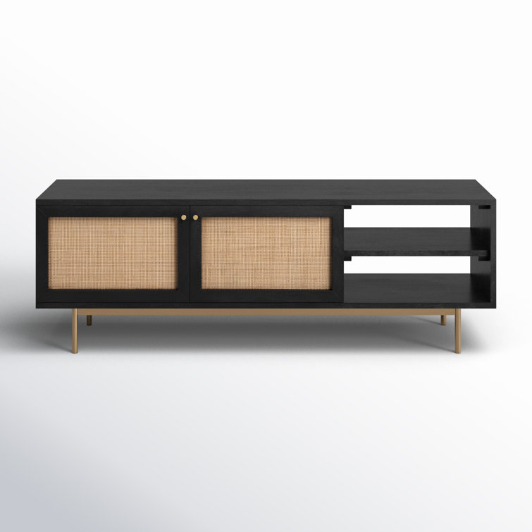 Black Solid Wood TV Stand with Natural Woven Cane Doors