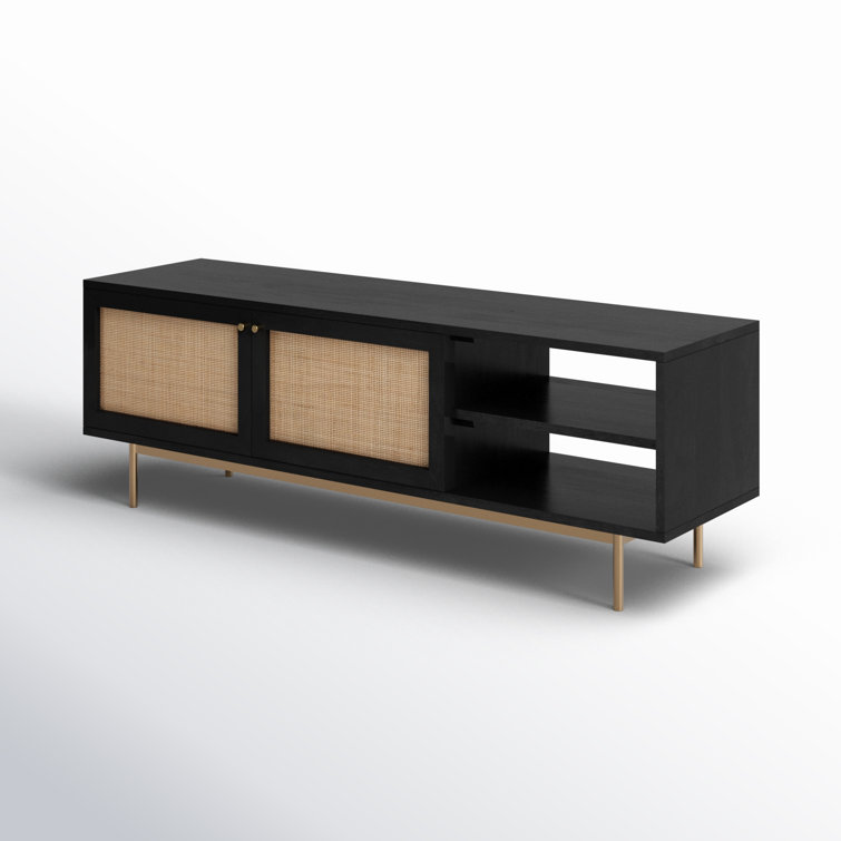 Black Solid Wood TV Stand with Natural Woven Cane Doors