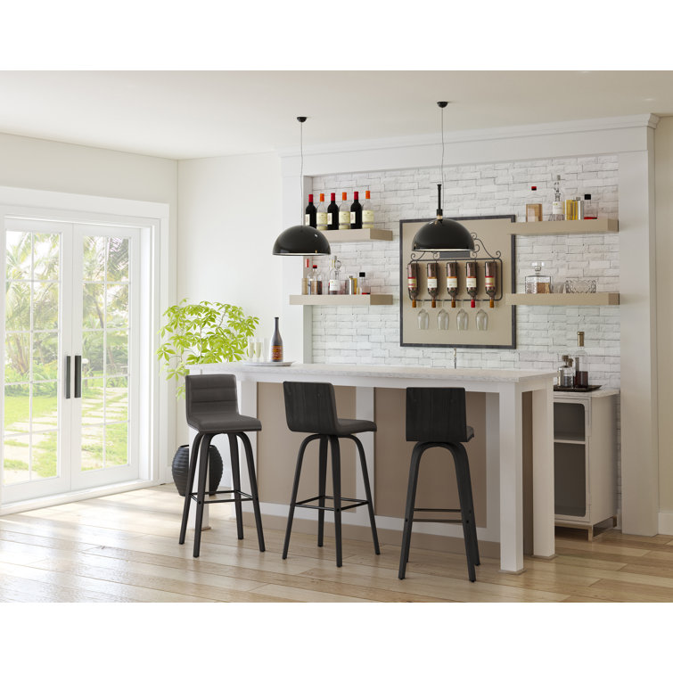 Gray Faux Leather and Wood Swivel Bar Stool