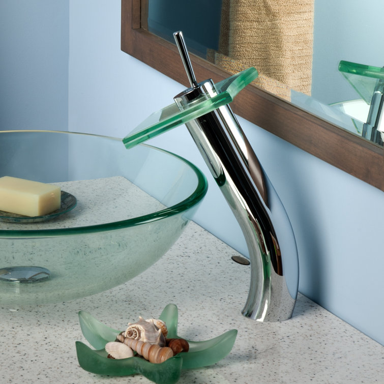 Chrome and Clear Glass Single Lever Waterfall Vessel Faucet