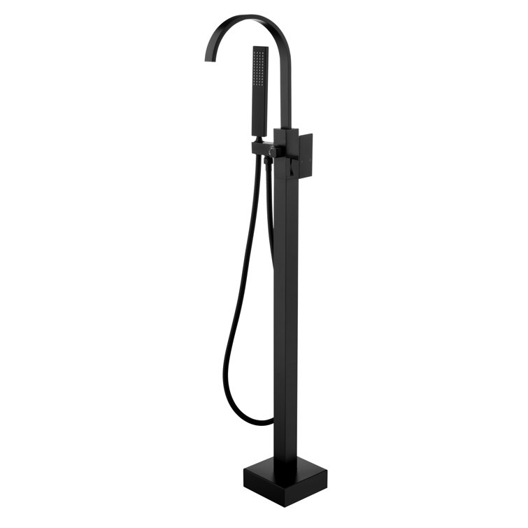 Matte Black Brass Freestanding Waterfall Tub Faucet with Hand Shower