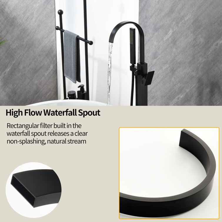 Matte Black Brass Freestanding Waterfall Tub Faucet with Hand Shower