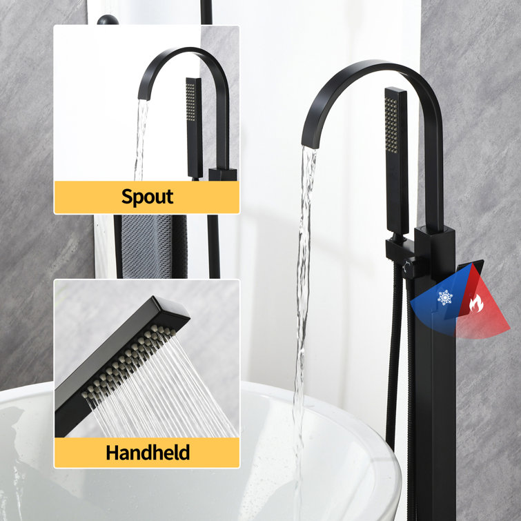 Matte Black Brass Freestanding Waterfall Tub Faucet with Hand Shower