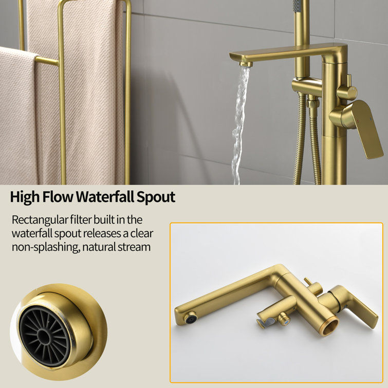 Brushed Gold Freestanding Tub Filler Faucet with Handheld Shower