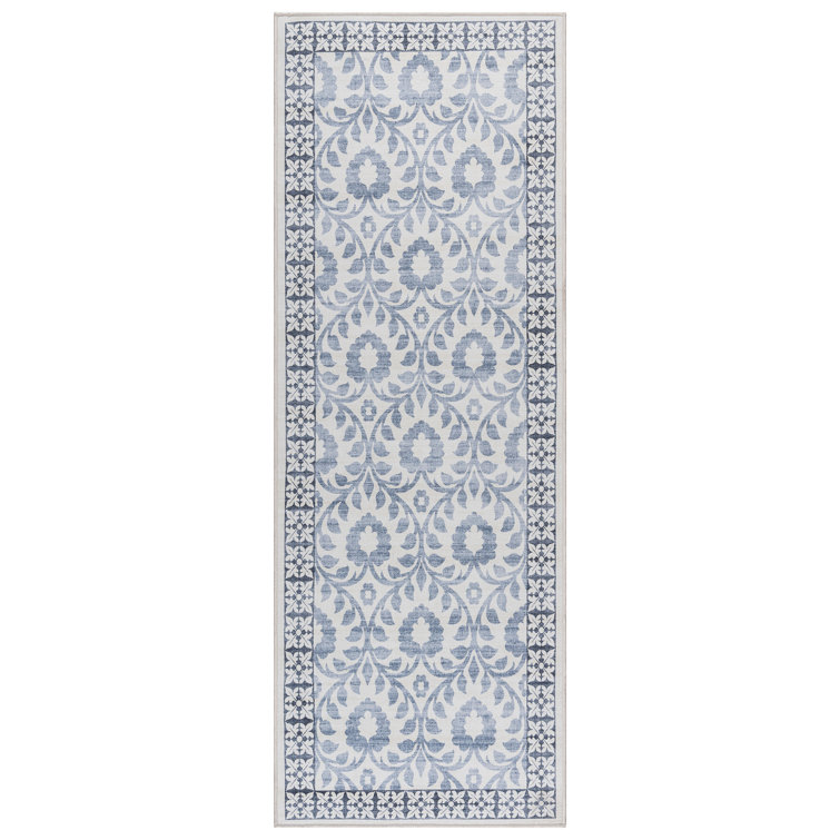 Esme Blue and Ivory Floral Synthetic Runner Rug