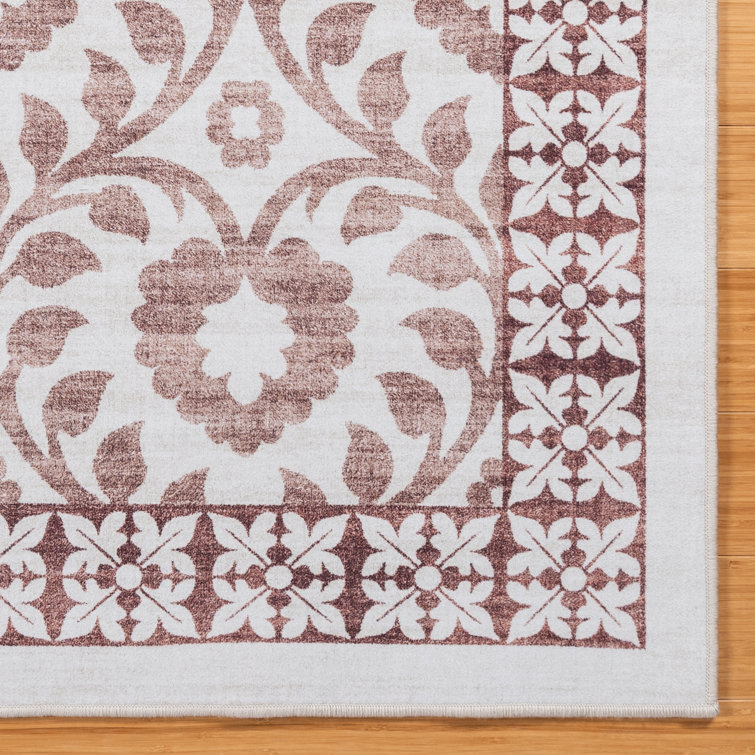 Ivory and Red Floral Synthetic Washable Area Rug