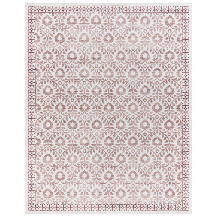 Ivory and Red Floral Synthetic Washable Area Rug