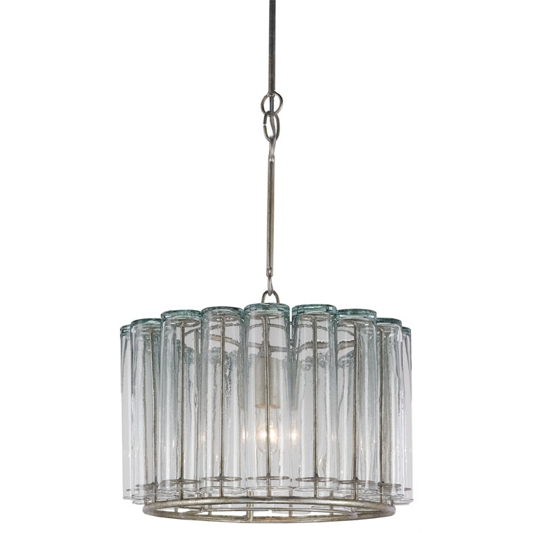 Silver Leaf Glass Drum Pendant Light with Extension Rod Kit