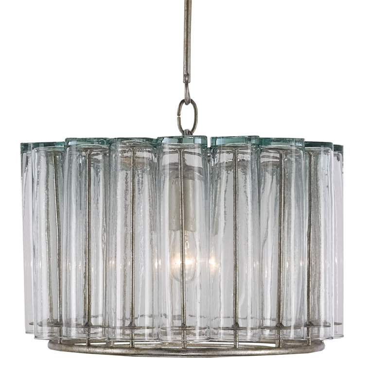 Silver Leaf Glass Drum Pendant Light with Extension Rod Kit