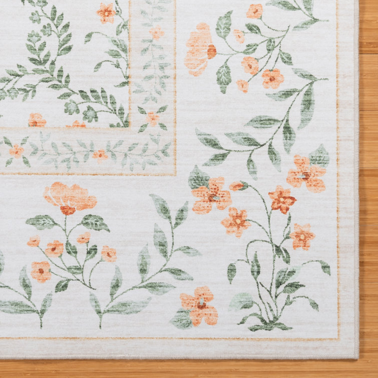 Ivory and Green Floral Synthetic Area Rug, 3x5