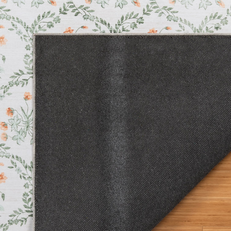 Ivory and Green Floral Synthetic Area Rug, 3x5