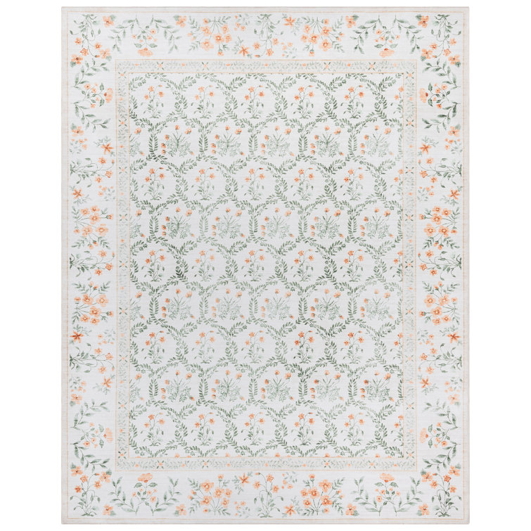 Ivory and Green Floral Synthetic Area Rug, 3x5