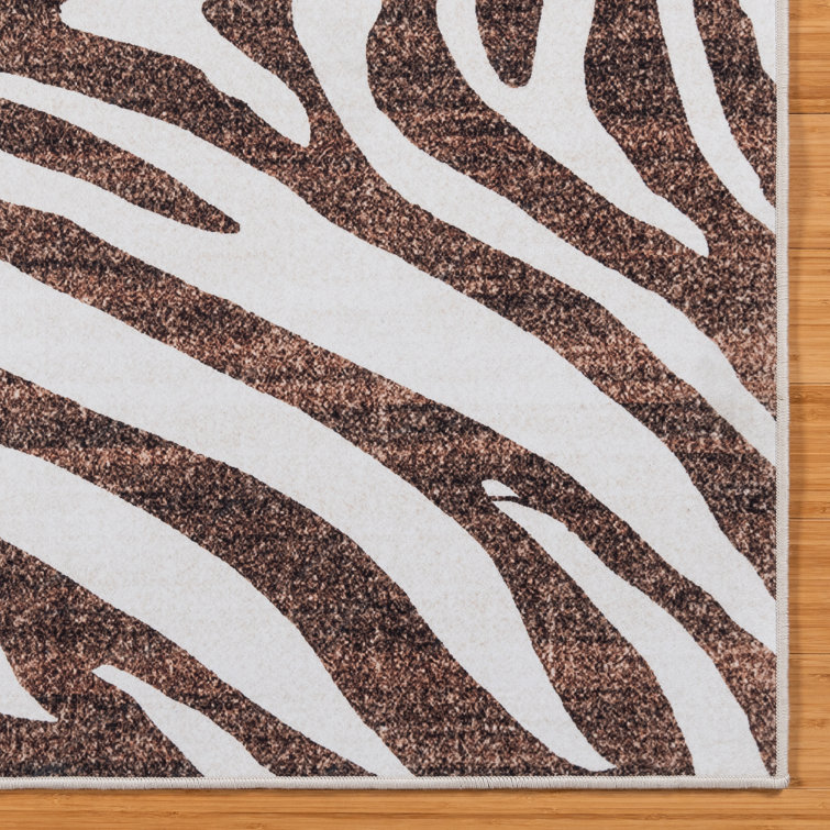 Ivory and Brown Zebra Stripe Washable Synthetic 5' x 7' Area Rug