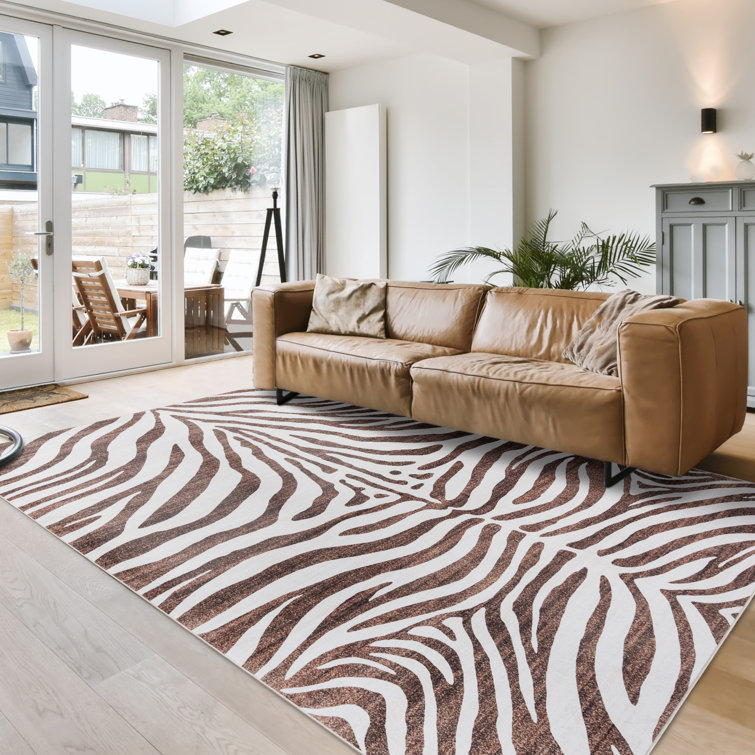 Ivory and Brown Zebra Stripe Washable Synthetic 5' x 7' Area Rug
